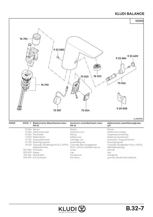 Technisches Diagramm eines elektronischen Wasserhahns von Kludi mit verschiedenen Komponenten und Bezeichnungen für die Installation und den Betrieb.